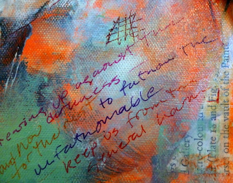 Poem written over dried acrylic mixed media painting by Suzanne Edminster